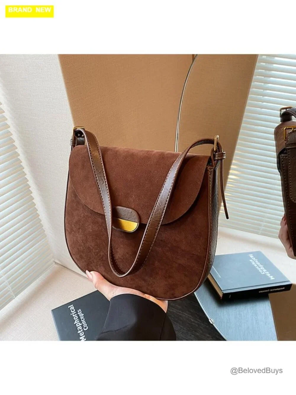 Faux Suede Crossbody Bag with Detachable Shoulder Strap Saddle Satchel